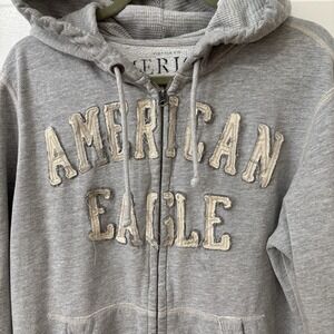 Y2K American Eagle Spell Out Mens L Gray Full Zip Hoodie Sweatshirt Distressed